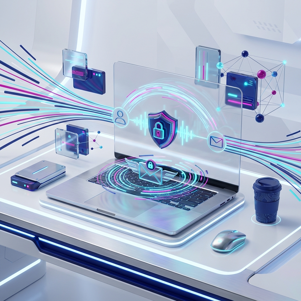 Ilustração 3D de interface de e-mail segura e rápida com cadeados e fluxo de dados